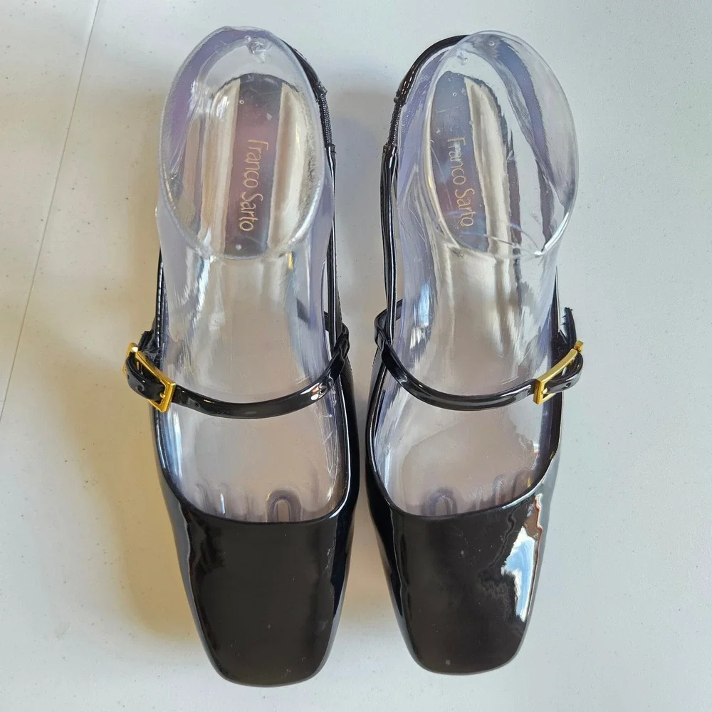 Franco Sarto L-Destin Black Patent Slingback Mary Jane Square Toe Pumps 7.5M